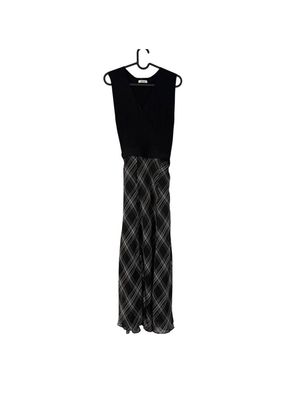 FRAY I.D Black Plaid Ribbed Tie Back Chiffon Maxi Sleeveless Dress One Size